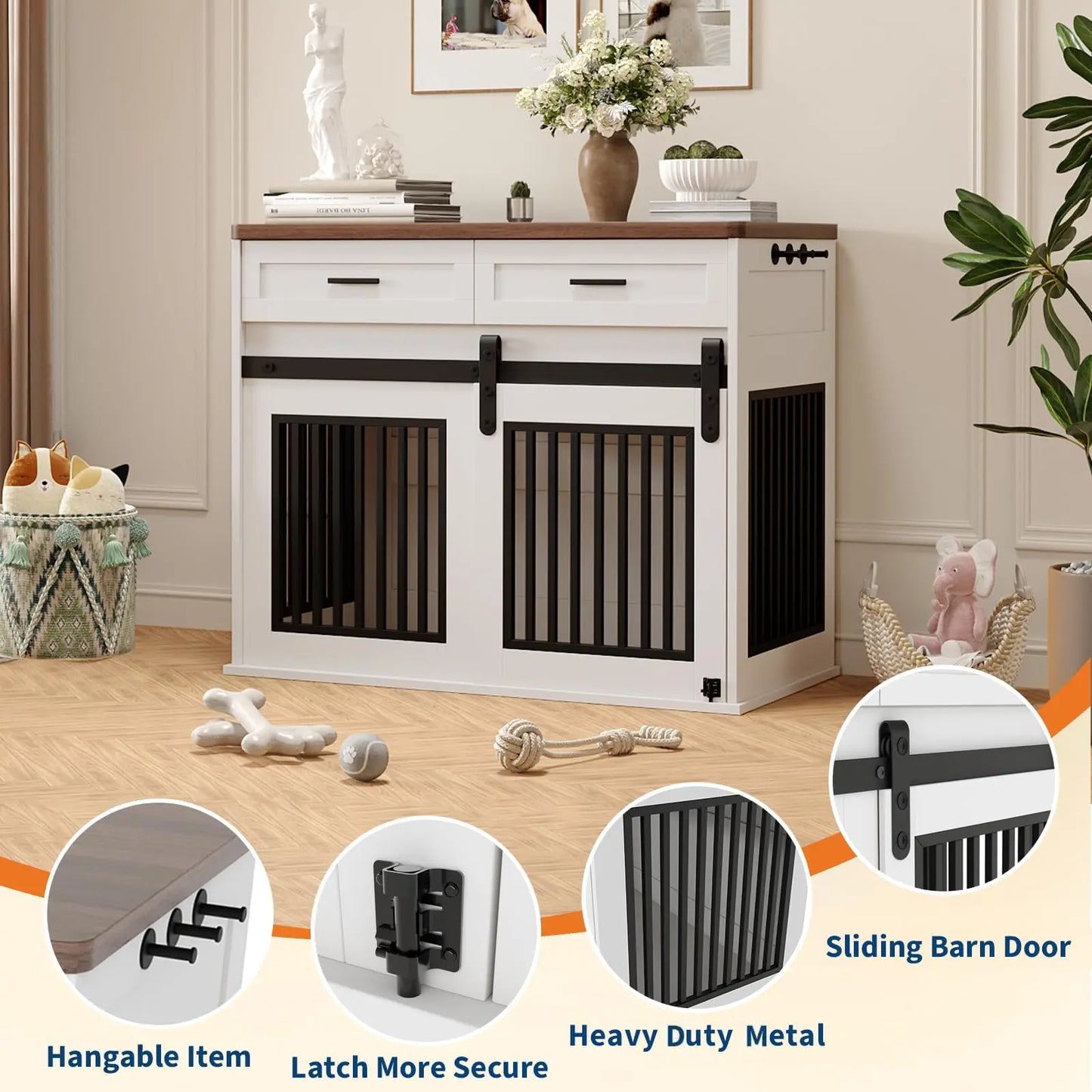 44.5" Wooden Dog Crate Furniture with Storage Drawers, Heavy Duty Pet Kennel End Table, Sliding Barn Doors, Indoor Decorative TV Stand for Medium or Large Breeds