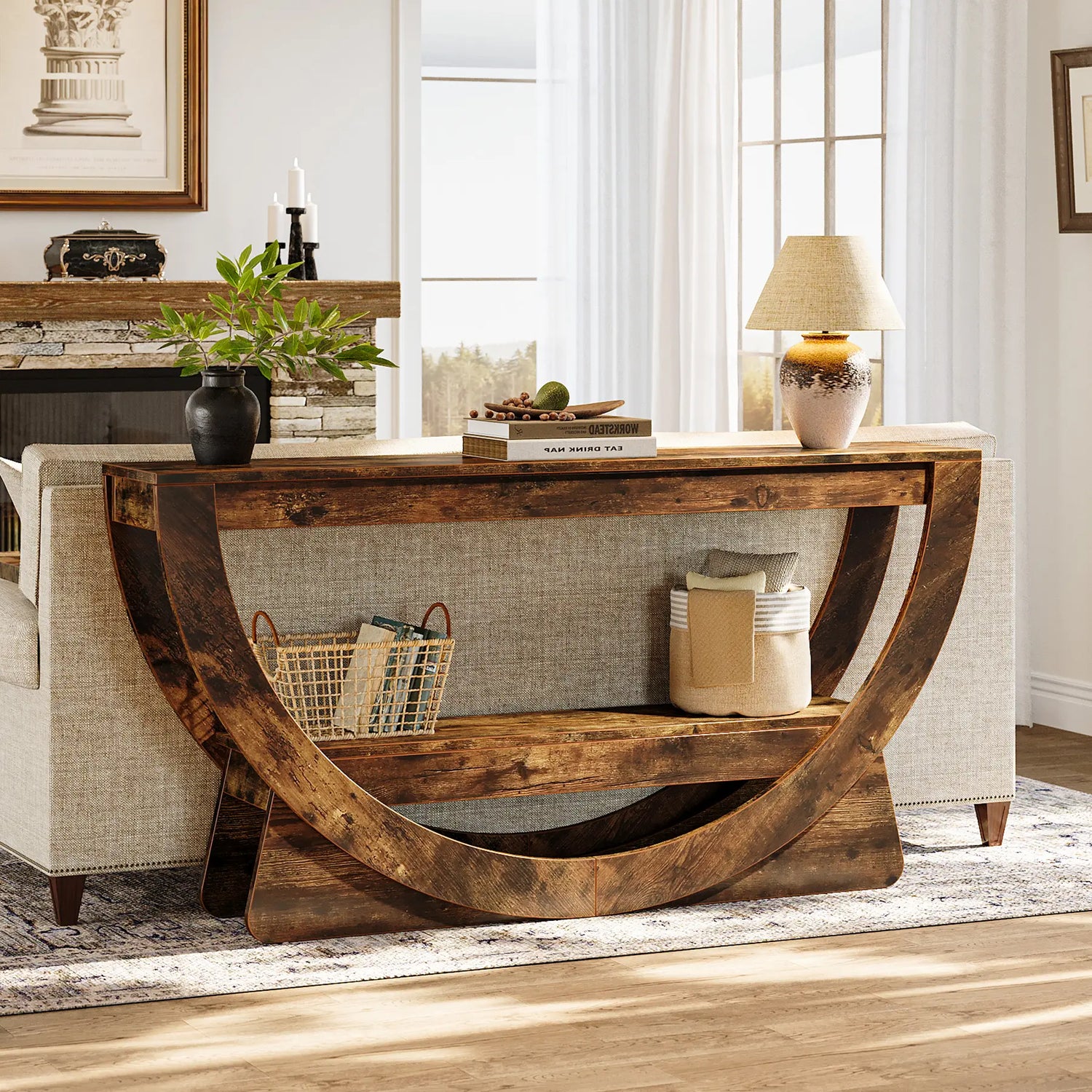LITTLE TREE 63-Inch Console Table, Farmhouse 2-Tier Entryway Table with Storage Shelves, Narrow Long Sofa Table behind Couch, Wooden Accent Table for Hallway, Living Room, Entrance, Foyer