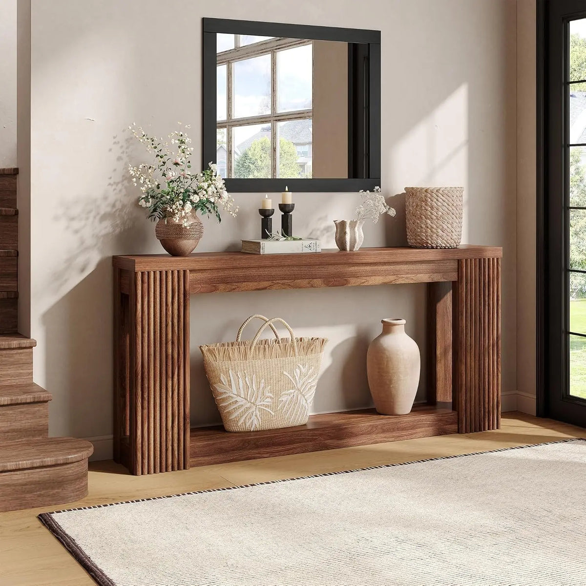 [Summergarden] Vabches Fluted Wooden Console Table with 2 Storage, 71 Inches Rectangular Entryway Table behind the Couch, Farmhouse Boho Sofa Table for Entrance, Hallway, Living Room (Black)
