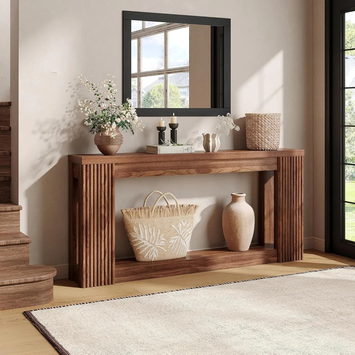[Summergarden] Vabches Fluted Wooden Console Table with 2 Storage, 71 Inches Rectangular Entryway Table behind the Couch, Farmhouse Boho Sofa Table for Entrance, Hallway, Living Room (Black)