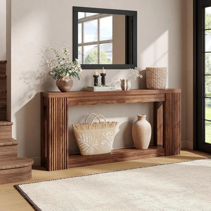 [Summergarden] Vabches Fluted Wooden Console Table with 2 Storage, 71 Inches Rectangular Entryway Table behind the Couch, Farmhouse Boho Sofa Table for Entrance, Hallway, Living Room (Black)