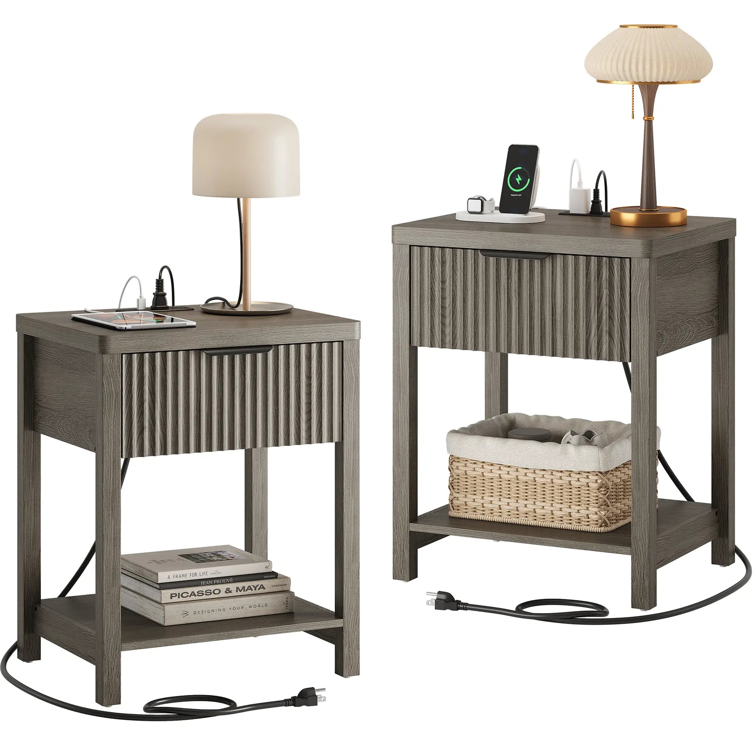 Aowos Fluted Nightstand, Bedside Tables with Charging Station, Boho Side Tables with Drawer &amp; Open Compartment for Bedroom Wooden Tabletop, Bedside Cabinet with USB Ports, Nightstand with Storage, Apartment Nightstand, Kids Bedside Table Tiktokshopspringg