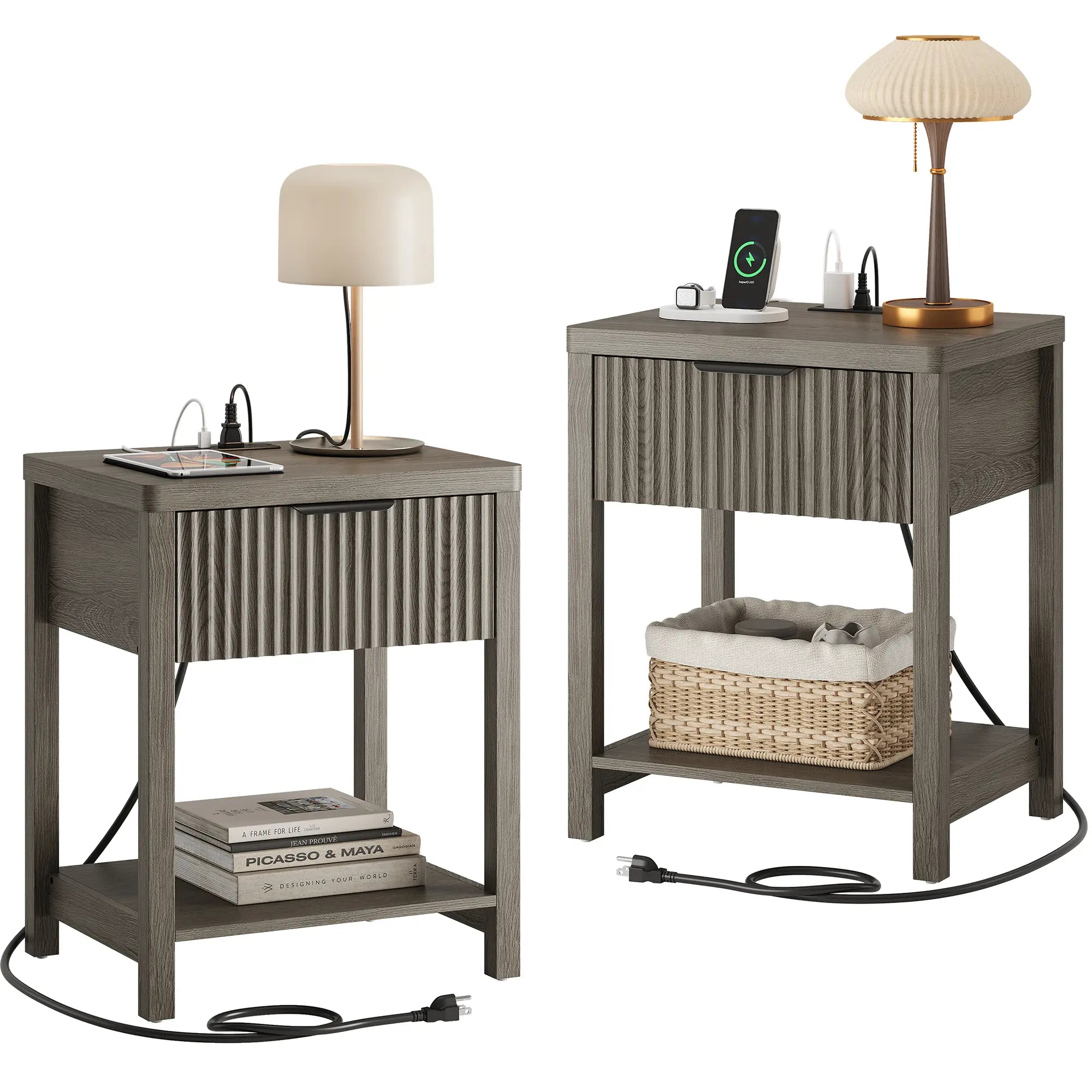 Aowos Fluted Nightstand, Bedside Tables with Charging Station, Boho Side Tables with Drawer &amp; Open Compartment for Bedroom Wooden Tabletop, Bedside Cabinet with USB Ports, Nightstand with Storage, Apartment Nightstand, Kids Bedside Table Tiktokshopspringg