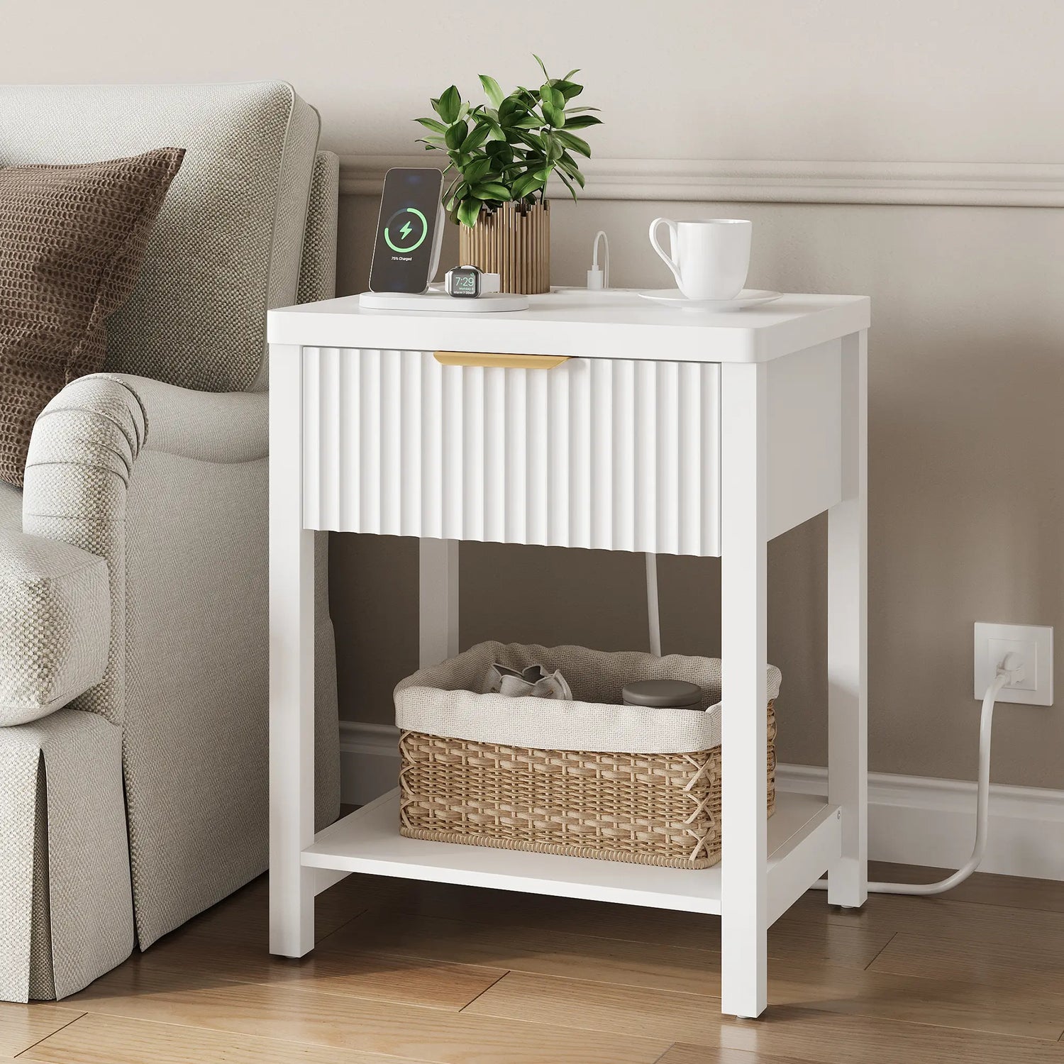 Aowos Fluted Nightstand, Bedside Tables with Charging Station, Boho Side Tables with Drawer &amp; Open Compartment for Bedroom Wooden Tabletop, Bedside Cabinet with USB Ports, Nightstand with Storage, Apartment Nightstand, Kids Bedside Table Tiktokshopspringg