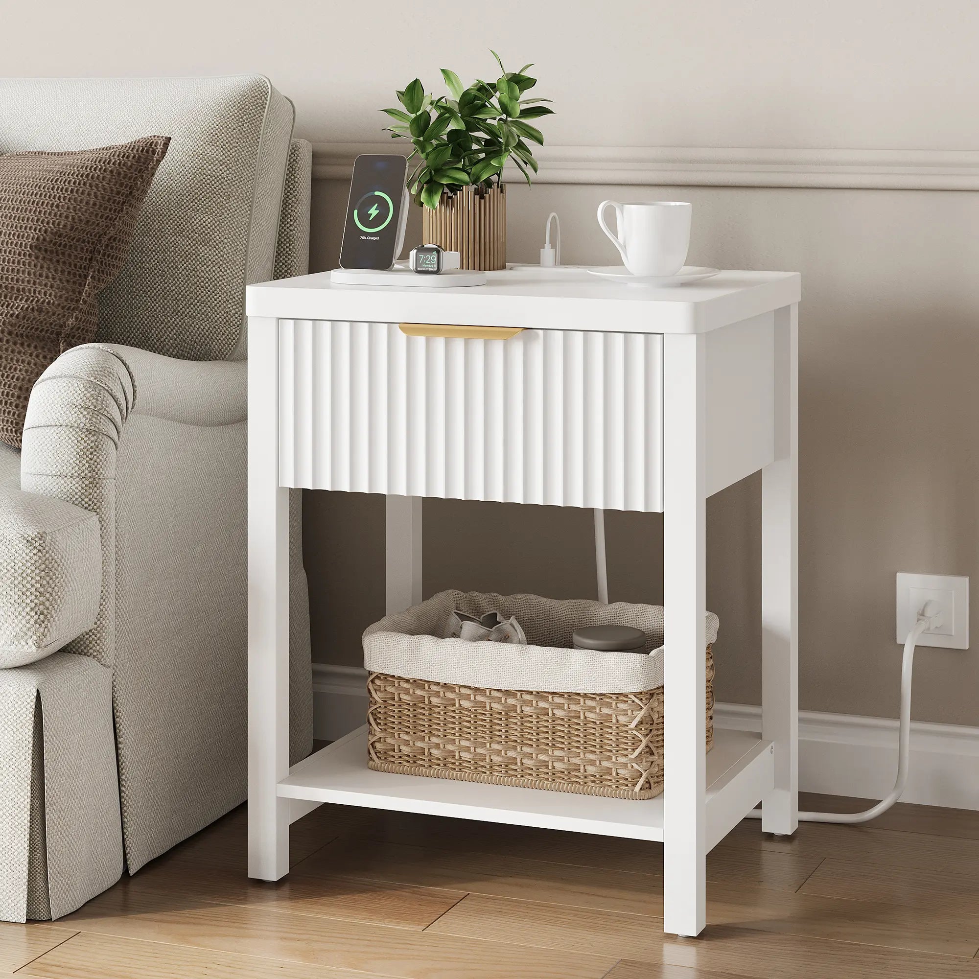 Aowos Fluted Nightstand, Bedside Tables with Charging Station, Boho Side Tables with Drawer &amp; Open Compartment for Bedroom Wooden Tabletop, Bedside Cabinet with USB Ports, Nightstand with Storage, Apartment Nightstand, Kids Bedside Table Tiktokshopspringg