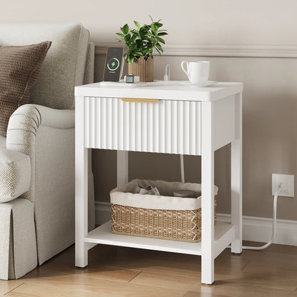 Aowos Fluted Nightstand, Bedside Tables with Charging Station, Boho Side Tables with Drawer &amp; Open Compartment for Bedroom Wooden Tabletop, Bedside Cabinet with USB Ports, Nightstand with Storage, Apartment Nightstand, Kids Bedside Table Tiktokshopspringg