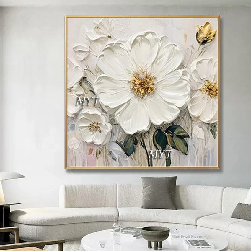 Fancy Home Decor Hot Sale Home Decor Flower Pictures Pieces White Flower Wall Art Oil Paintings Unframed