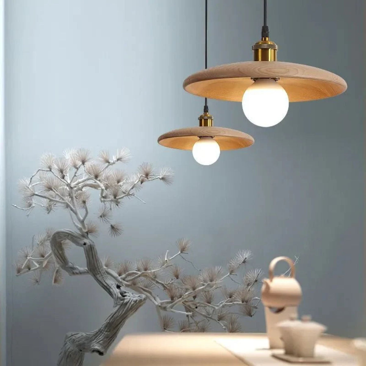 Wooden Pendant Light Japandi Design Brass Details