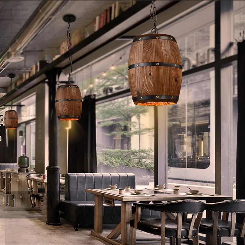 Retro Barrel Lamp Solid Wood Wine Barrel Hanging Fixture E27 Living Room Bar Cafe Restaurant Atomasphere Lamp Patio Manor Light
