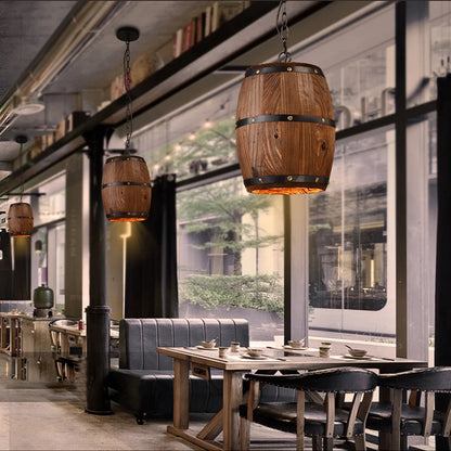 Retro Barrel Lamp Solid Wood Wine Barrel Hanging Fixture E27 Living Room Bar Cafe Restaurant Atomasphere Lamp Patio Manor Light