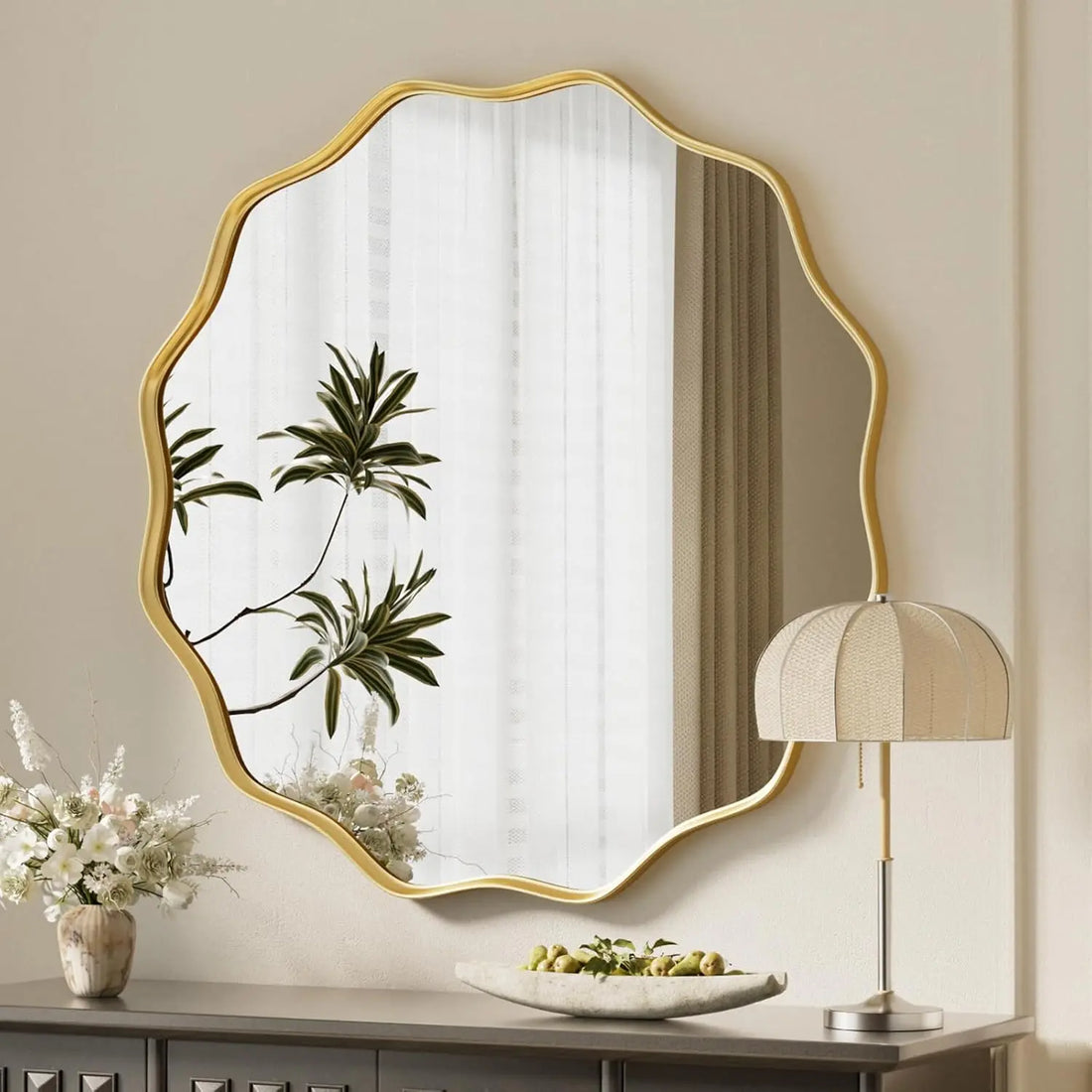 Scalloped Circle Mirror, 24" Wavy Edge round Wall Mirror with Tempered Glass Textured Circular Metal Deep Frame, Leaning for Bathroom, Hallway, Entryway, Livng Room