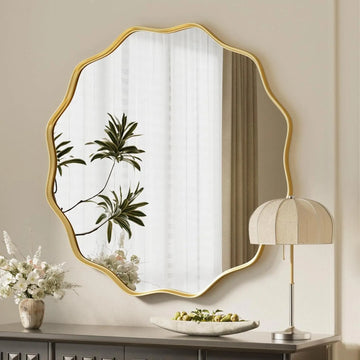 Scalloped Circle Mirror, 24" Wavy Edge round Wall Mirror with Tempered Glass Textured Circular Metal Deep Frame, Leaning for Bathroom, Hallway, Entryway, Livng Room