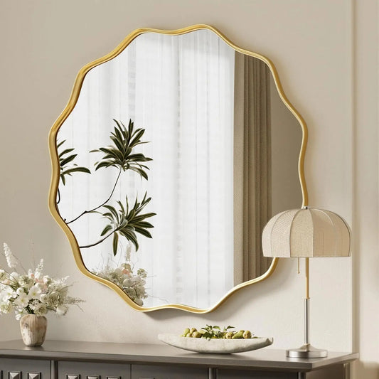 Scalloped Circle Mirror, 24" Wavy Edge round Wall Mirror with Tempered Glass Textured Circular Metal Deep Frame, Leaning for Bathroom, Hallway, Entryway, Livng Room