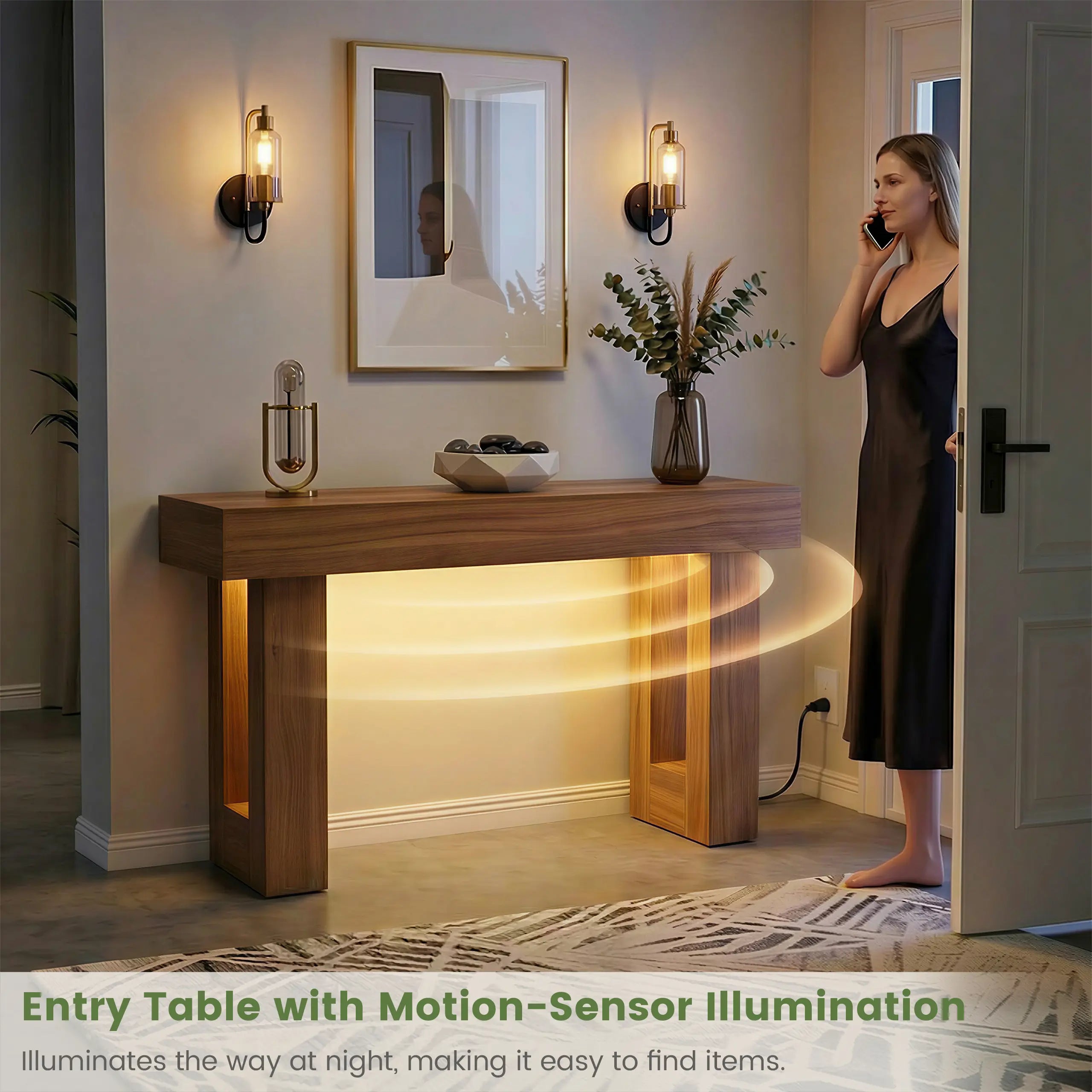 63 Inch Entryway Table with Socket and Sensor Light, Farmhouse Wooden Sofa Table behind Couch or Foyer Table, Narrow Console Table with Storage Shelf for Living Room, Entrance, Hallway, Easy Assembly