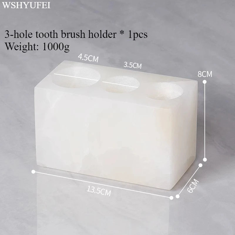 White Jade Stone Bathroom Accessory Set - 3-hole toothbrush holder with elegant design, ideal for modern bathroom decor.