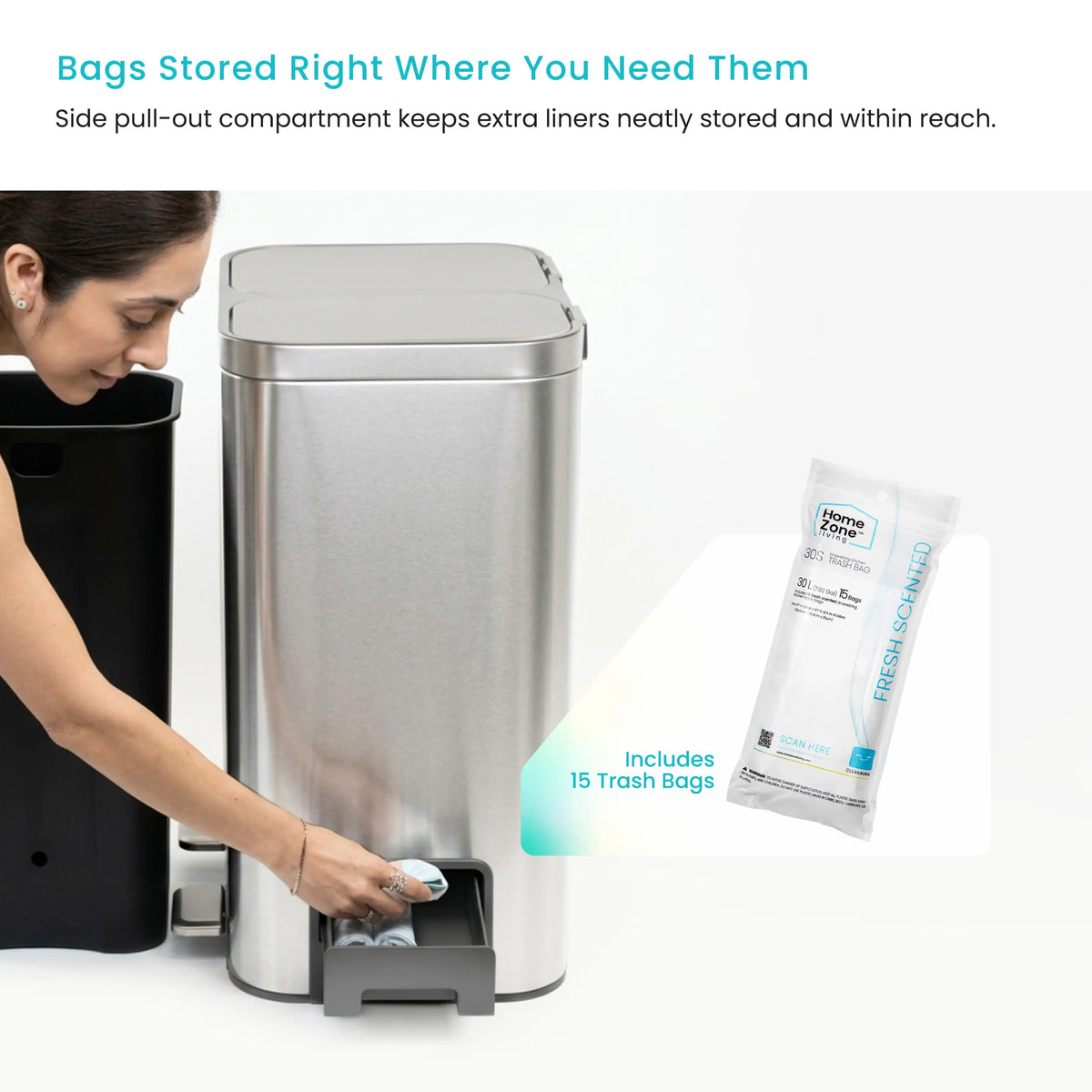 Home Zone Living 13 Gallon Dual Compartment Kitchen Trash Can with Recycling, Soft-Close Lids and Bag Storage, Brushed Stainless Steel, Silver