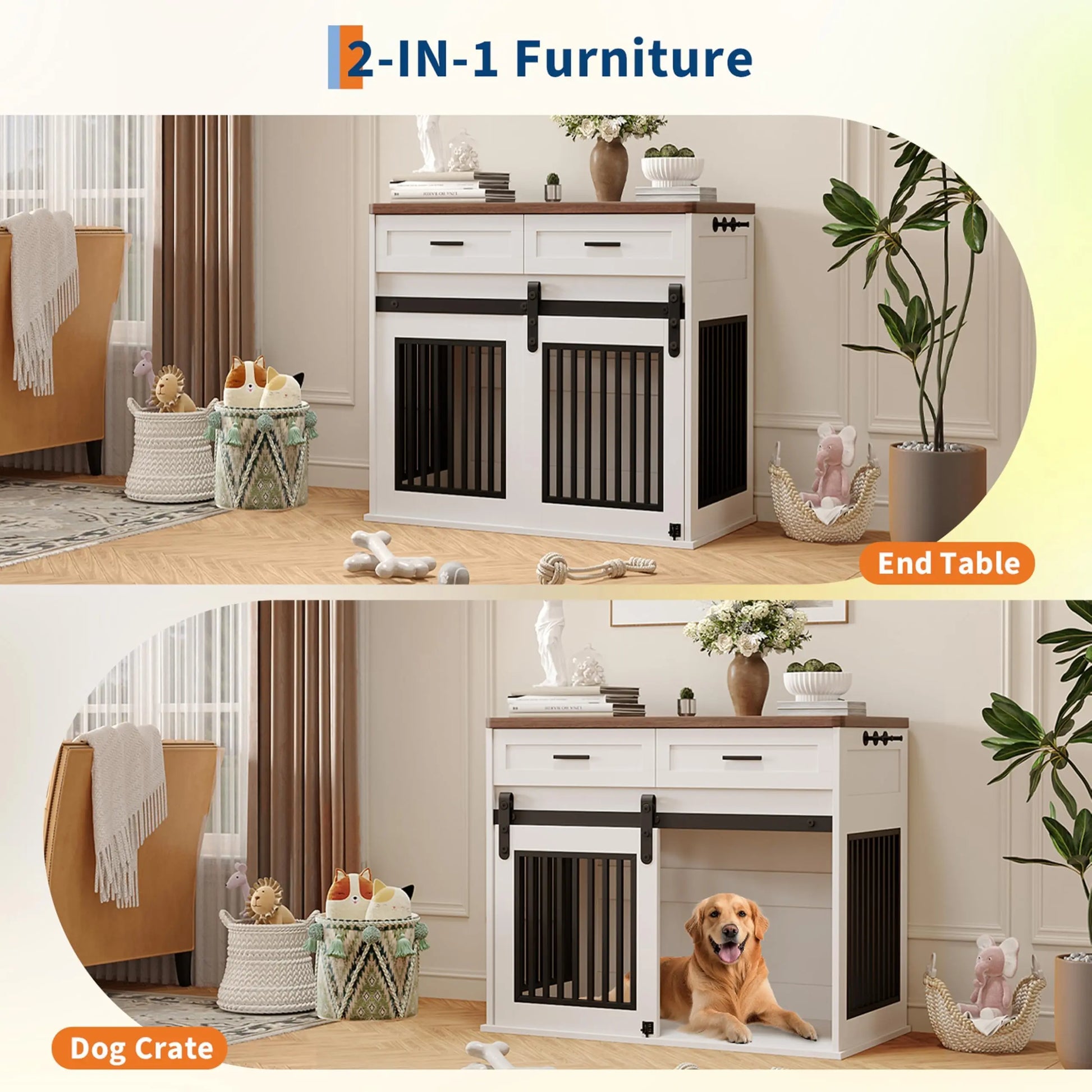 44.5" Wooden Dog Crate Furniture with Storage Drawers, Heavy Duty Pet Kennel End Table, Sliding Barn Doors, Indoor Decorative TV Stand for Medium or Large Breeds