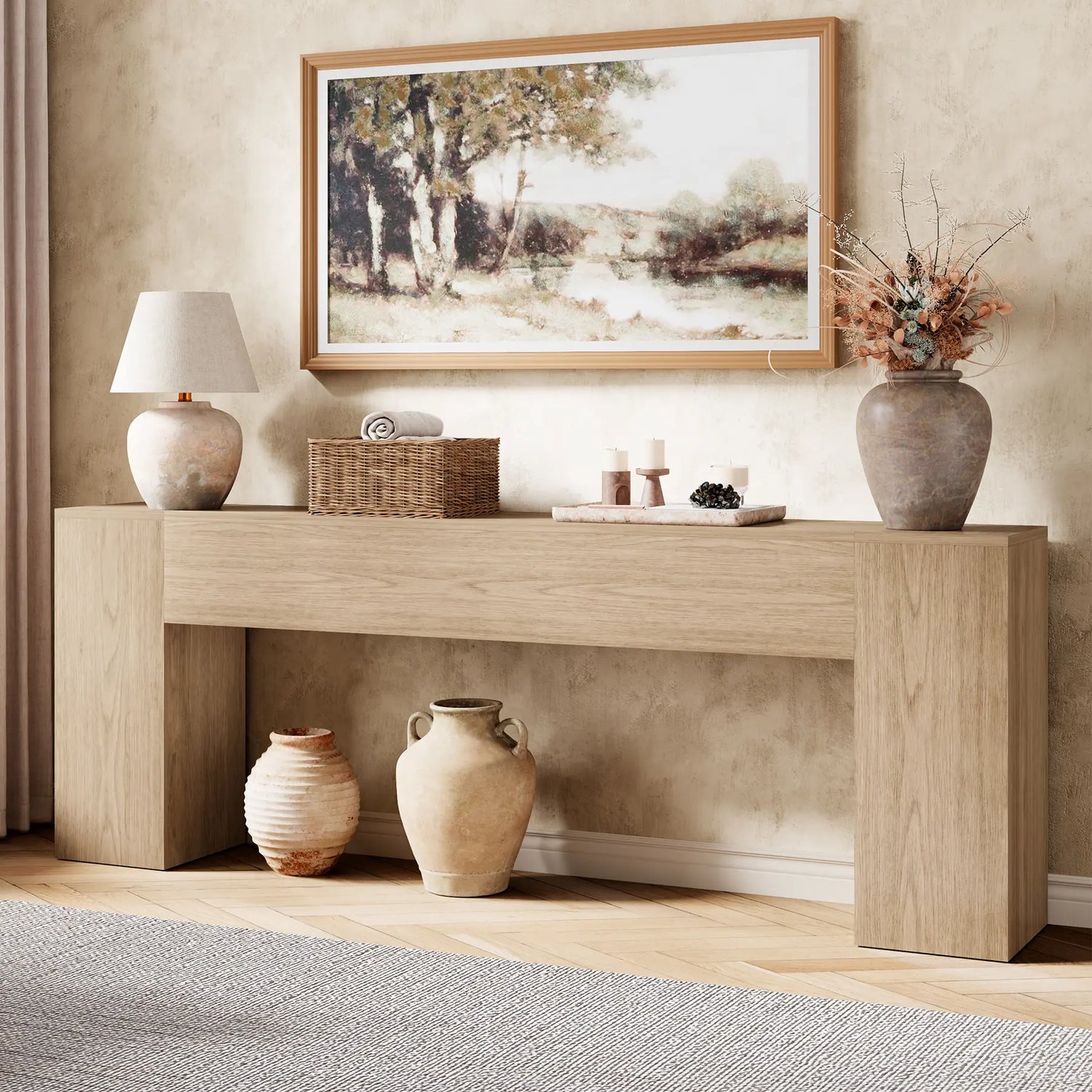 86-Inch Oak Console Table for Living Room, Farmhouse Extra Long Entryway Table, Wood Sofa Table behind Couch for Hallway, Entry Way, Entrance, Light Oak