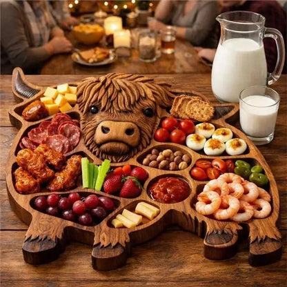 Wood Charcuterie Board Highland Cow Design, Rustic Serving Tray, Natural Wood Cheese Platter Snack Board