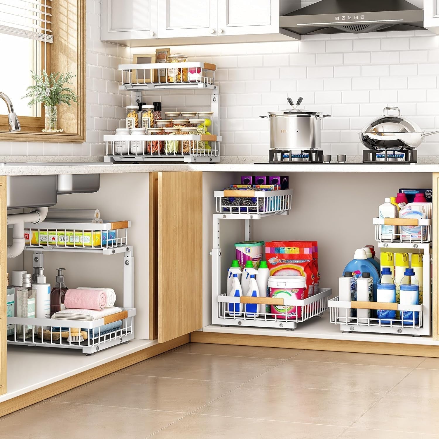 2 Pack under Sink Organizer,Adjustable Height,2 Tier Pull Out under Cabinet Organizer,Slide Out Thickened Metal under Sink Storage for Kitchen Bathroom Laundry Cabinet Pantry,White