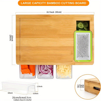 Bamboo Cutting Board – 4 Blades – Storage Trays – Kitchen Prep