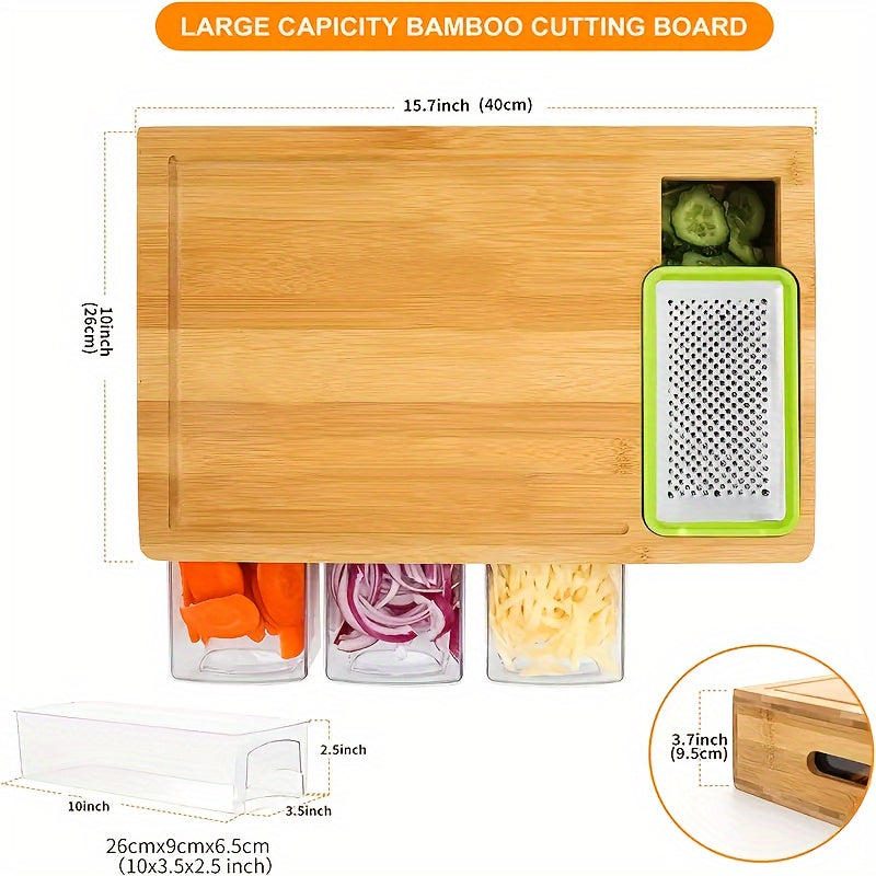 Bamboo Cutting Board – 4 Blades – Storage Trays – Kitchen Prep