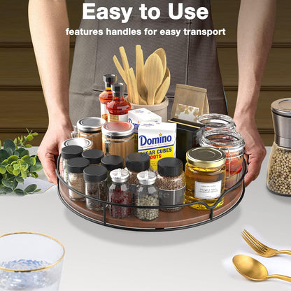 Lazy Susan Turntable Organizer for Cabinet Pantry Kitchen Countertop Refrigerator Cupboard, Pine Wood, 12", Brown