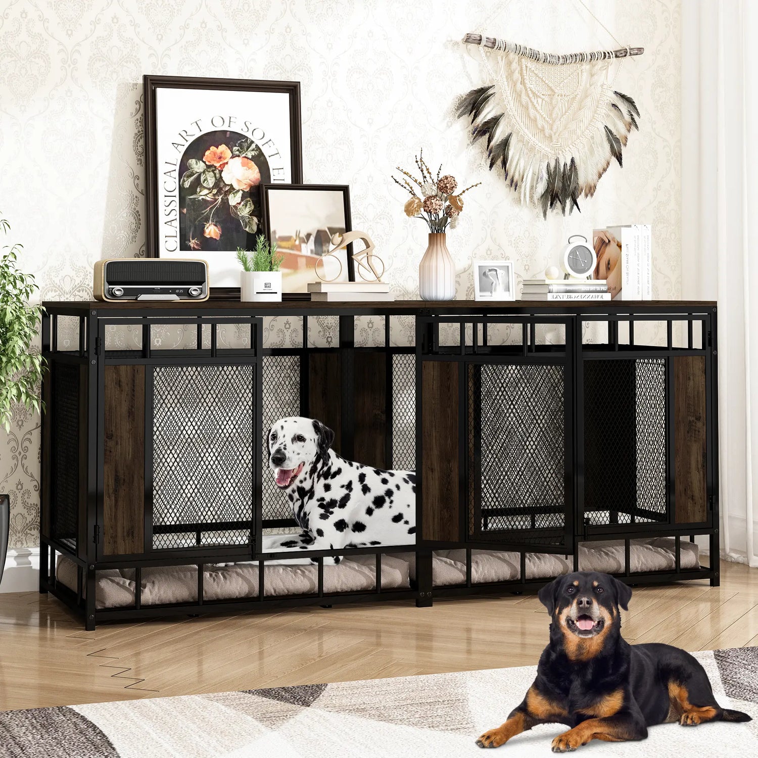 FUFU&amp;GAGA 70.9" Large Double Dog Crate Furniture, Heavy Duty Dog Crate Kennel Furniture for 2-4 Dogs, Wooden Dog Crates Furniture