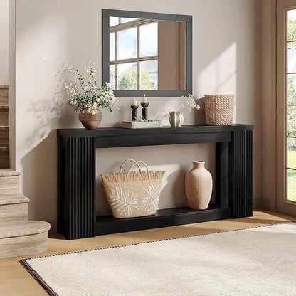 [Summergarden] Vabches Fluted Wooden Console Table with 2 Storage, 71 Inches Rectangular Entryway Table behind the Couch, Farmhouse Boho Sofa Table for Entrance, Hallway, Living Room (Black)