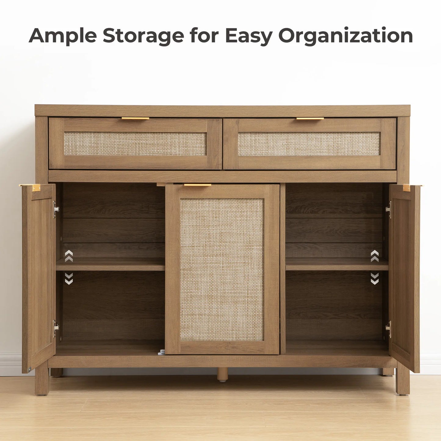 SICOTAS Rattan Sideboard Buffet Cabinet - Boho Farmhouse Credenza with 3 Doors and 2 Drawers, Storage Console Cabinet for Kitchen, Living Room, Entryway, Coffee Bar and Home Decor,Dorm Essentials