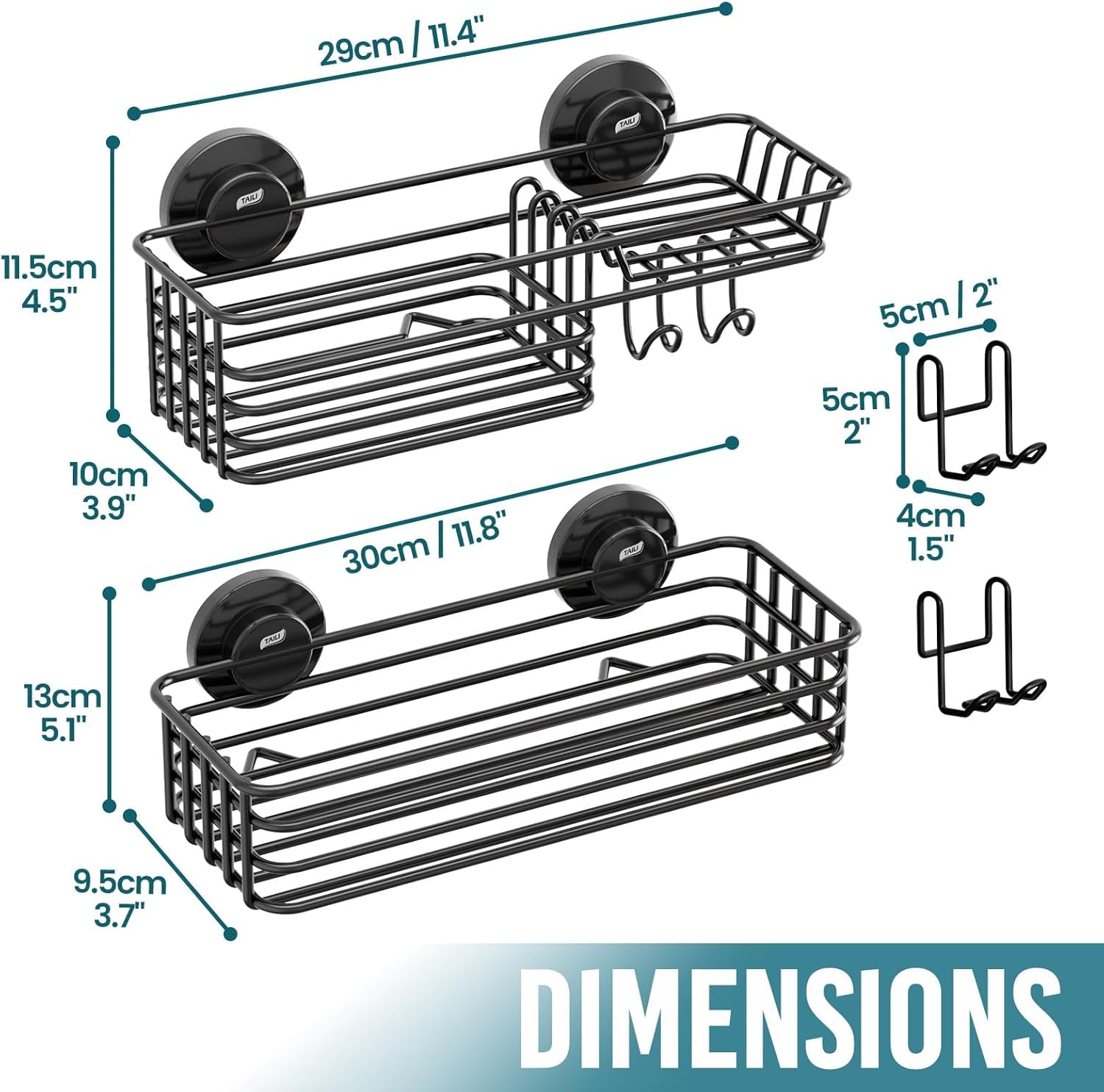 Shower Caddy Suction Cup 2 Pack with Hooks & Soap Holder, Heavy Duty Shower Organizer for Bathroom, No Drilling Bathroom Organizer with Large Capacity, Black Metal Storage Basket