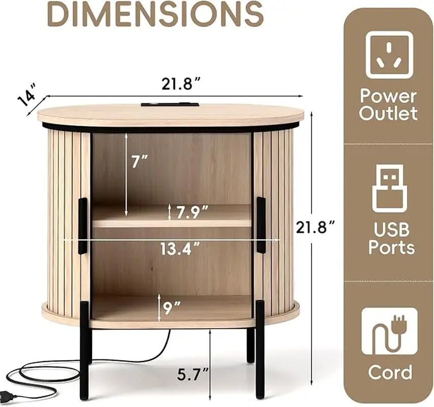 [Dealsforyoudays] EBELLO Small Console Table, Grooved End Table with Charging Station, Mid-Century Modern Nightstand, Entryway Cabinet for Living Room, Bedroom, Small Spaces, Walnut