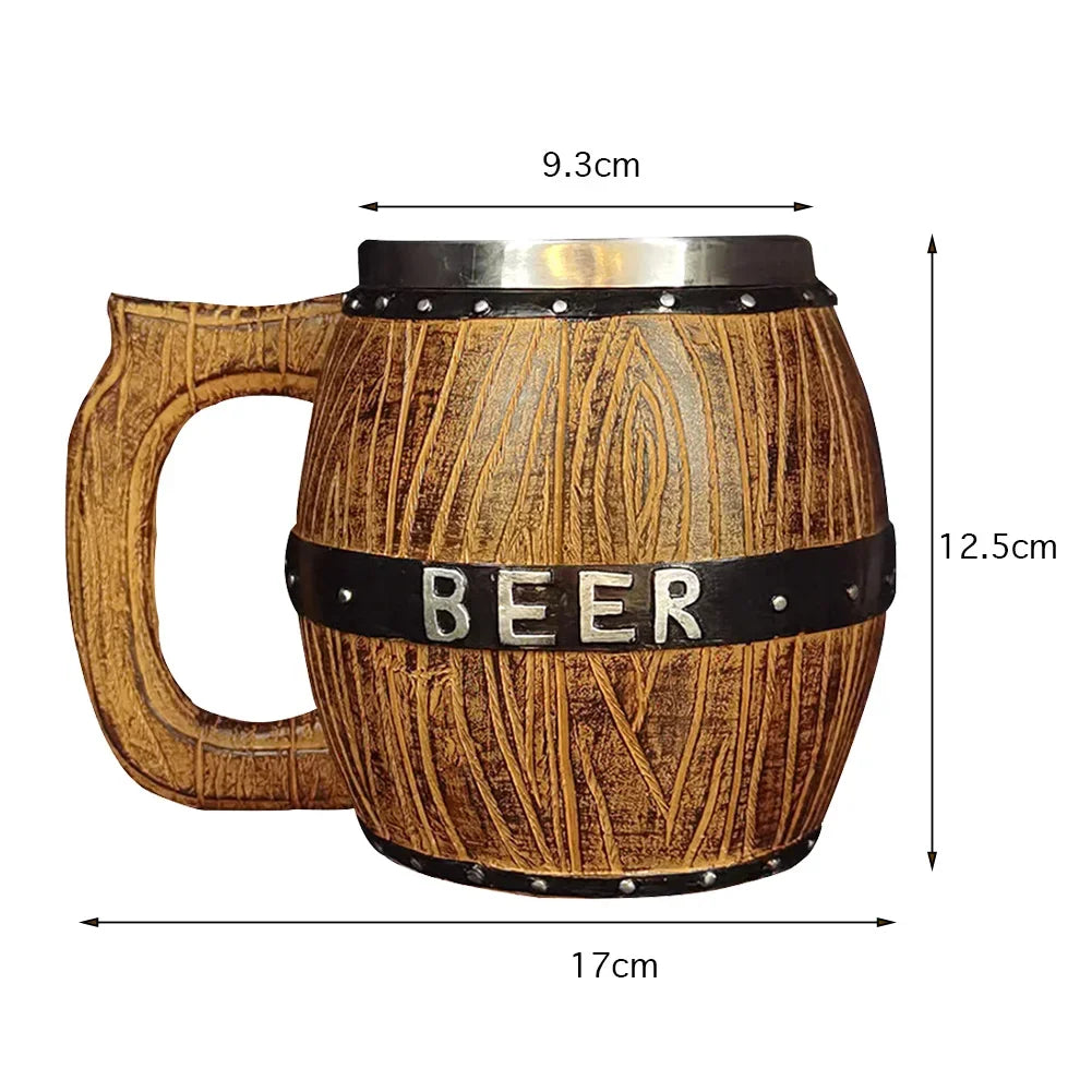 Viking Wood Style Beer Mug Simulation Wooden Barrel Beer Cup Double Wall Drinking Mug Metal Insulated 1PCS Bar Drinking Кружка