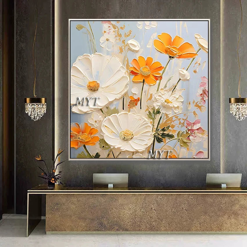 Fancy Home Decor Hot Sale Home Decor Flower Pictures Pieces White Flower Wall Art Oil Paintings Unframed
