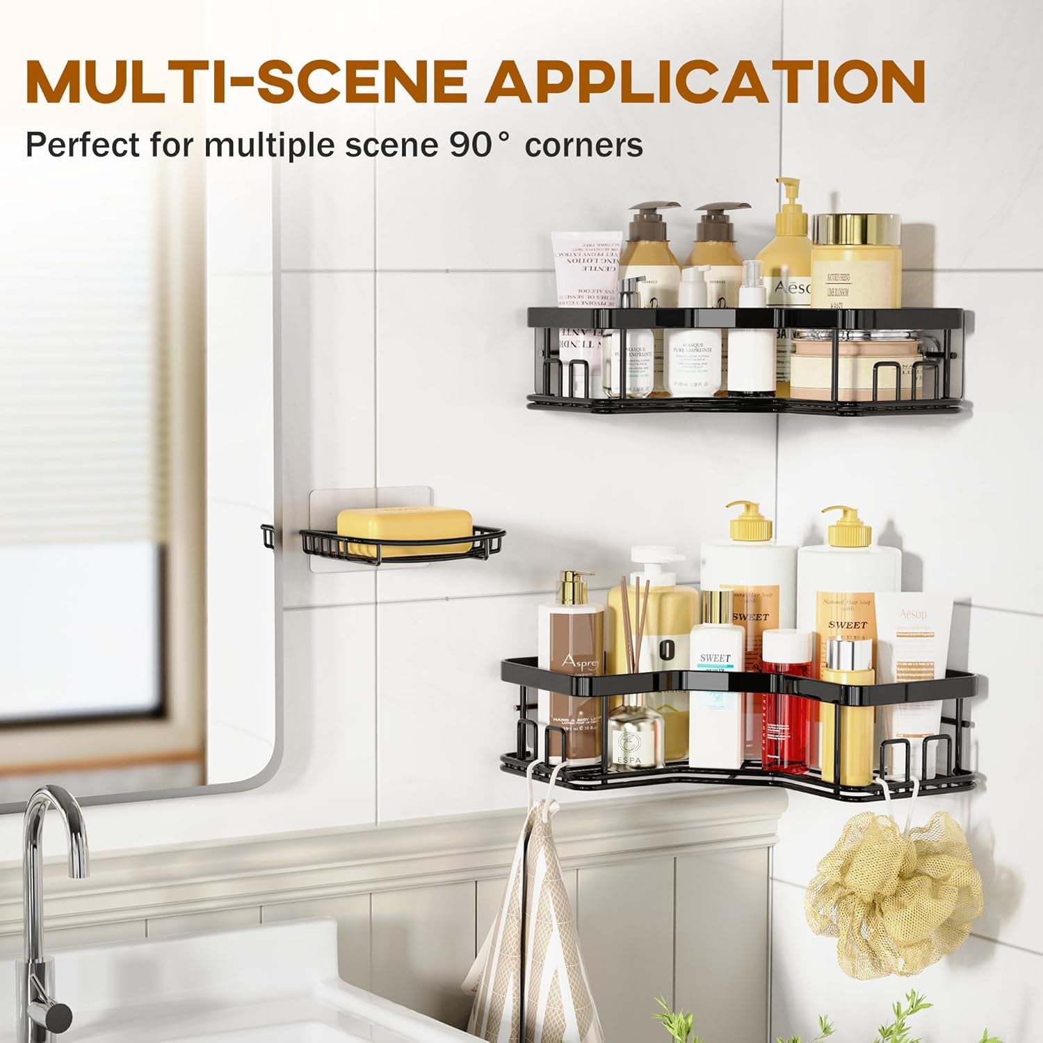 Shower Caddy, 3-Pack Adhesive Stainless Steel Shower Organizer Corner Shower Caddy, Corner Shower Shelf with 8 Hooks, Shower Shelves Storage Shower Shelf for inside Shower, Black