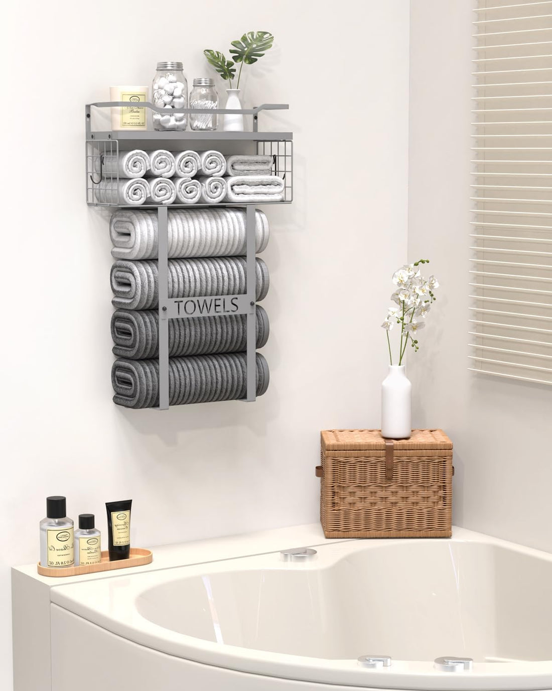 Towel Racks for Bathroom Wall Mounted - Bath Wall Towel Holder Set above Toilet Storage, Rolled Towel Shelf Organizer for Small Bathroom, Wood Vertical Towel Rack for Bathroom Wall Decor Grey