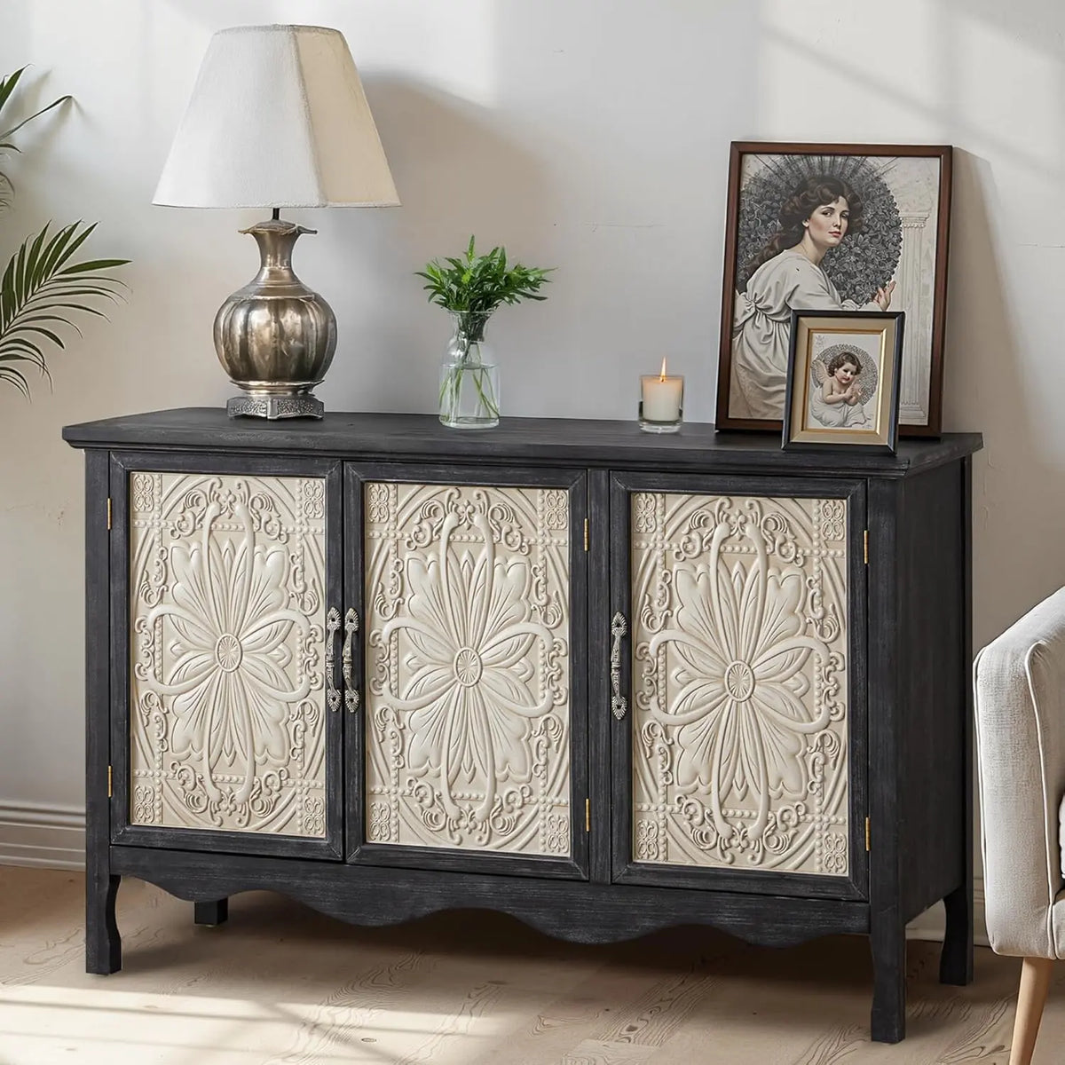 【Summervibes】Royalcraft L Farmhouse Sideboard Buffet Cabinet with Storage, 49" Solid Wood Credenza Buffet Table Coffee Bar Wine Bar Storage Cabinet with 3 Doors for Dining Room Living Room Hallway, (Provence Grain)