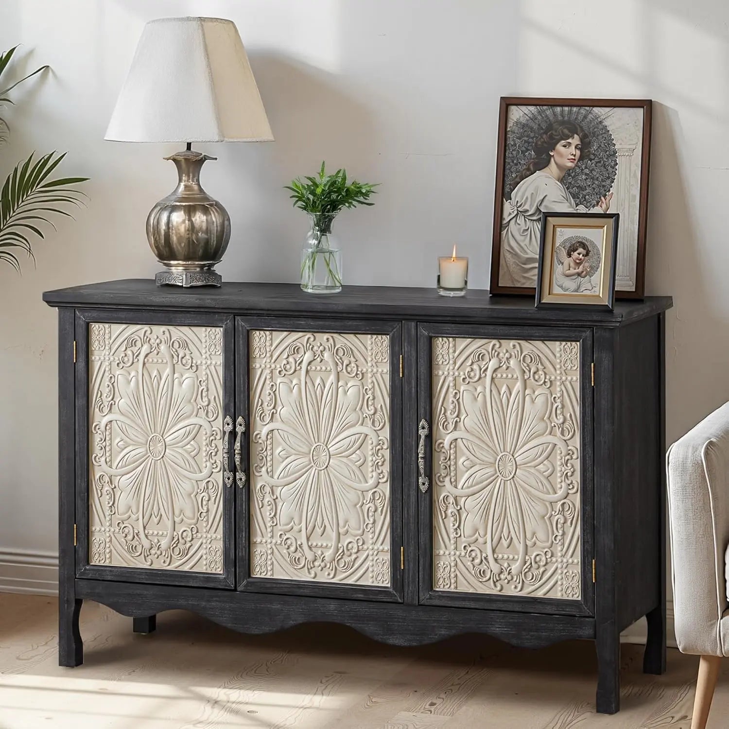 【Summervibes】Royalcraft L Farmhouse Sideboard Buffet Cabinet with Storage, 49" Solid Wood Credenza Buffet Table Coffee Bar Wine Bar Storage Cabinet with 3 Doors for Dining Room Living Room Hallway, (Provence Grain)