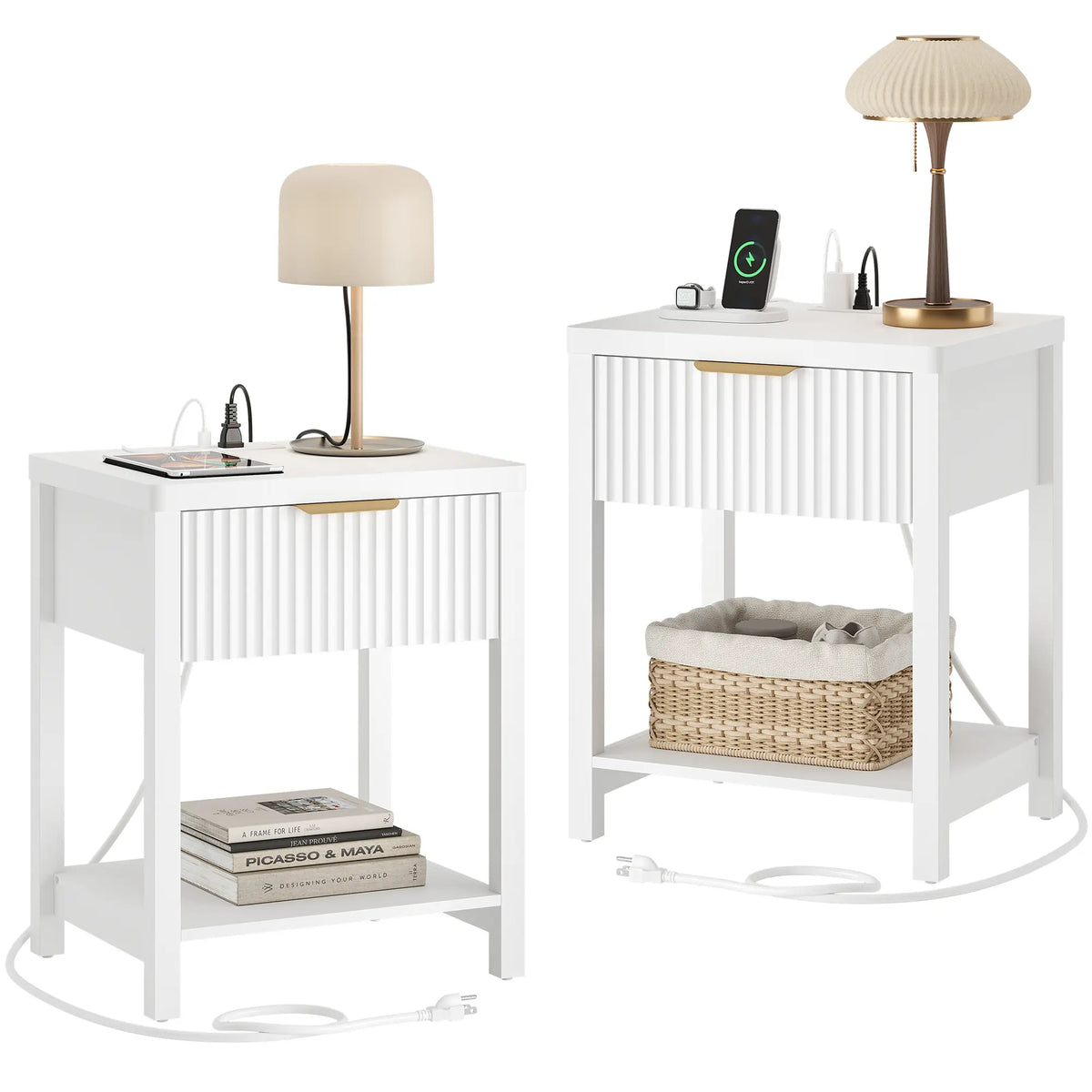 Aowos Fluted Nightstand, Bedside Tables with Charging Station, Boho Side Tables with Drawer &amp; Open Compartment for Bedroom Wooden Tabletop, Bedside Cabinet with USB Ports, Nightstand with Storage, Apartment Nightstand, Kids Bedside Table Tiktokshopspringg