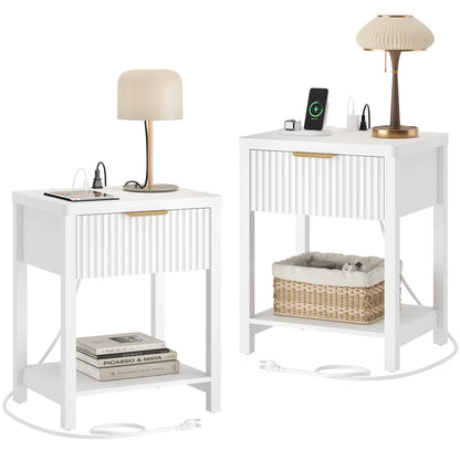 Aowos Fluted Nightstand, Bedside Tables with Charging Station, Boho Side Tables with Drawer &amp; Open Compartment for Bedroom Wooden Tabletop, Bedside Cabinet with USB Ports, Nightstand with Storage, Apartment Nightstand, Kids Bedside Table Tiktokshopspringg