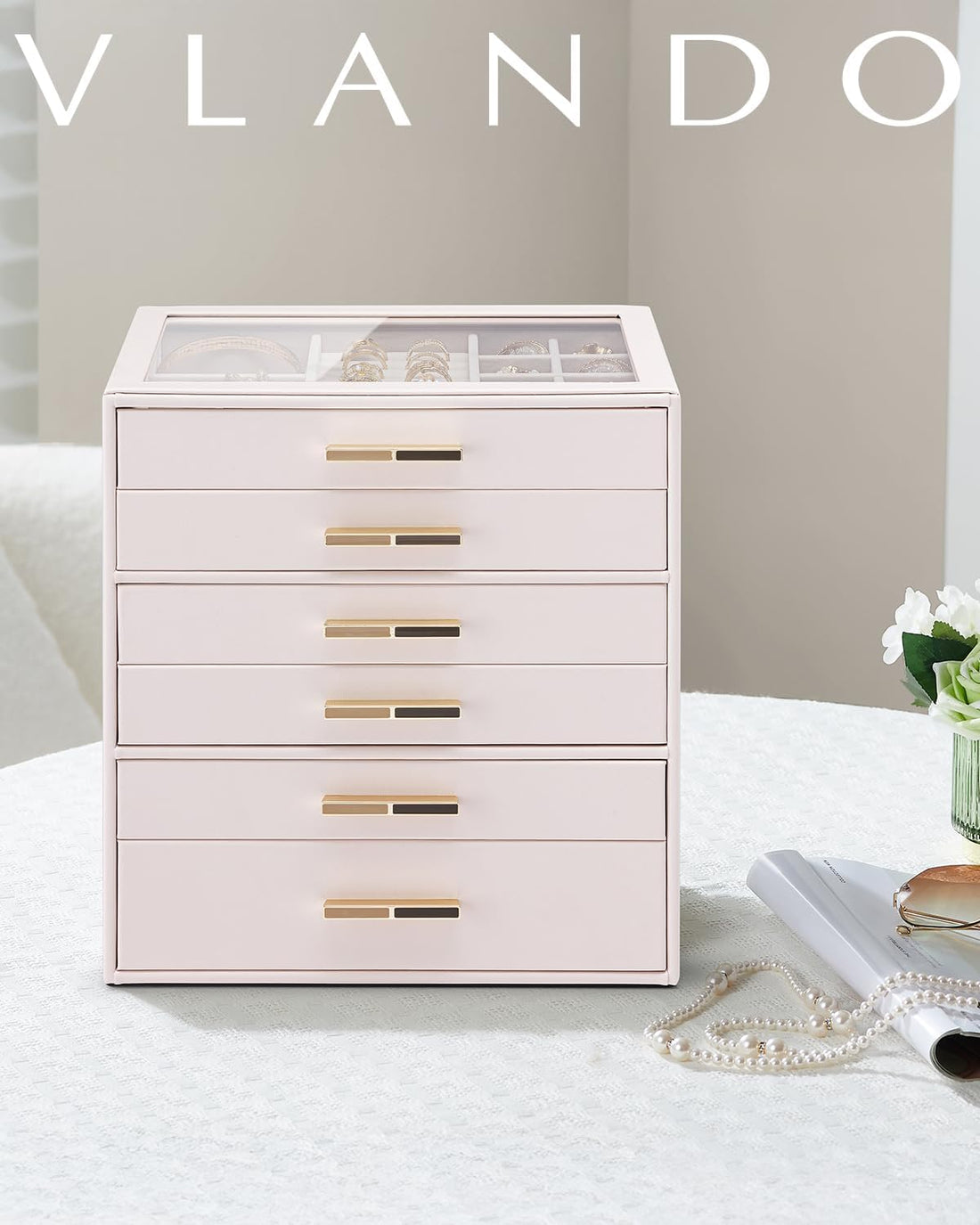 6 Layer Jewelry Box for Women, Glass Lid Jewelry Organizer with 6 Drawers for Necklaces Rings Earrings Bracelets - Light Pink