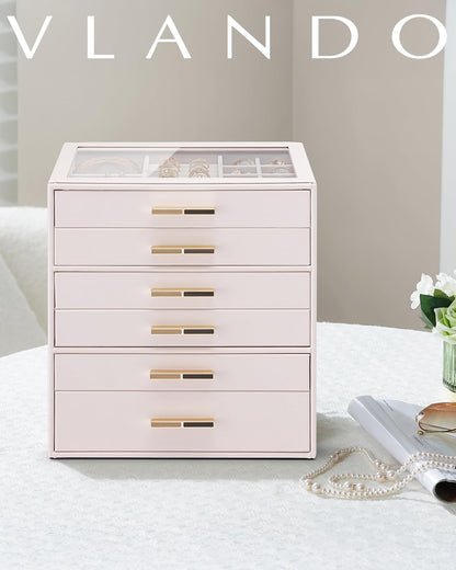 6 Layer Jewelry Box for Women, Glass Lid Jewelry Organizer with 6 Drawers for Necklaces Rings Earrings Bracelets - Light Pink