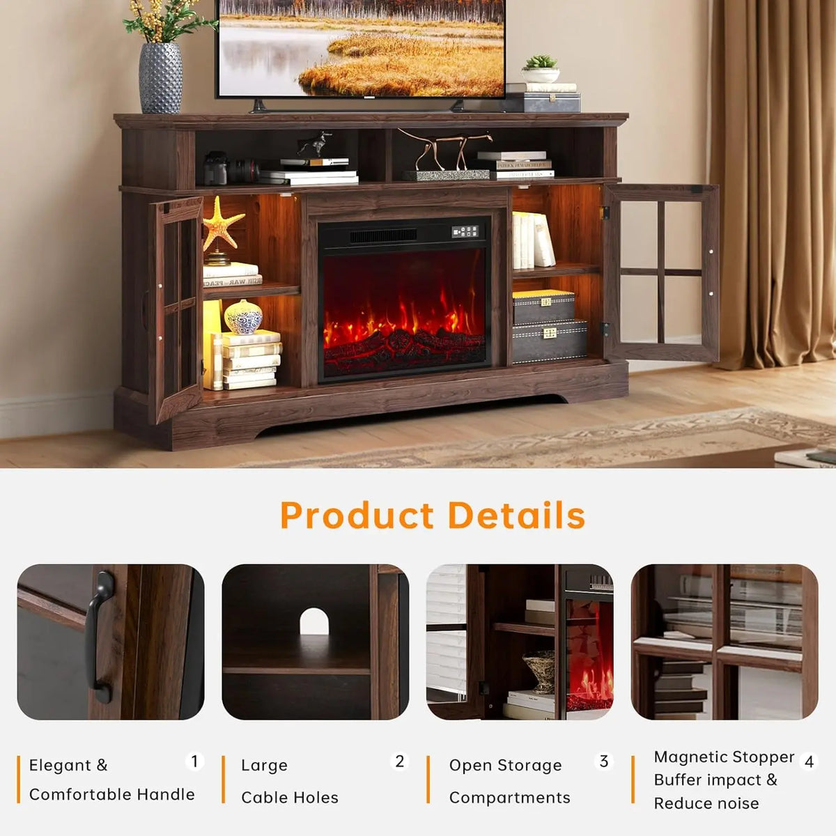 Fireplace TV Stand, Modern Entertainment Center for Tvs up to 70", TV Console with Storage Cabinets &amp; Electric Fireplace, Brown Media Console for Living Room