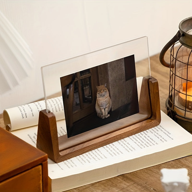 Acrylic Photo Frame – U-Shaped Wood Base – Minimalist – Tabletop Display