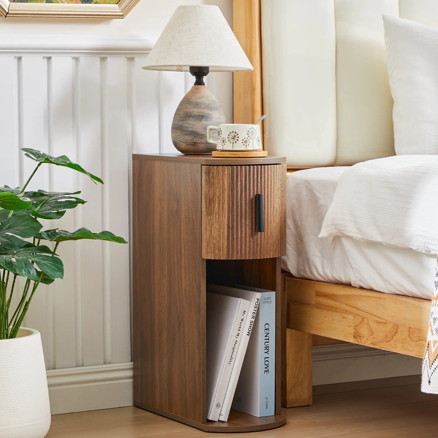 Fursch Walnut Slim Nightstand Set of 2, Mid-Century Curved Bedside Cabinets with Drawer &amp; Book Storage for Apartments, Bedrooms, Cozy Spaces, Small Spaces