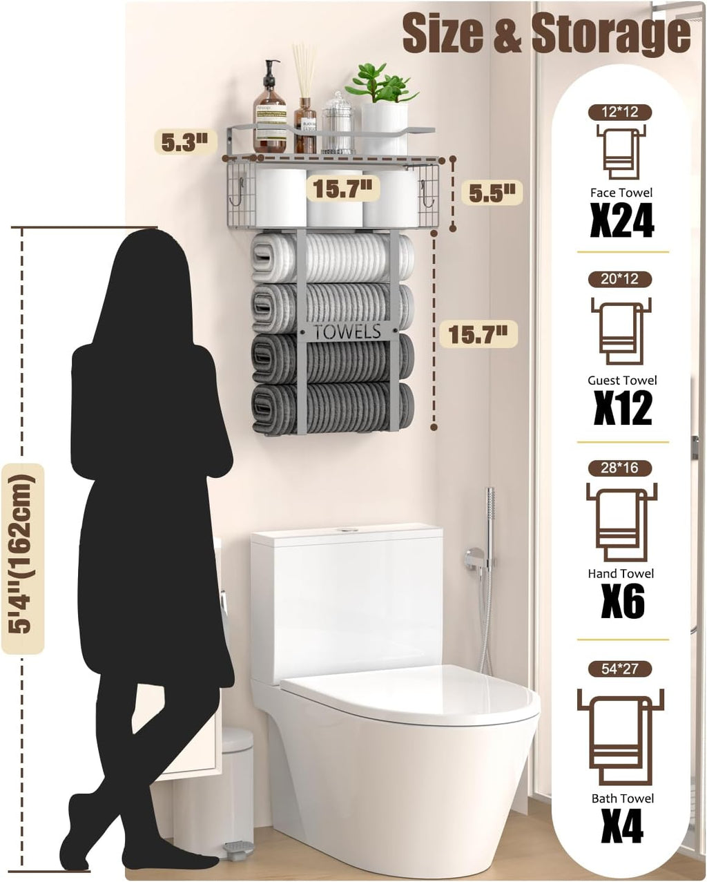 Towel Racks for Bathroom Wall Mounted - Bath Wall Towel Holder Set above Toilet Storage, Rolled Towel Shelf Organizer for Small Bathroom, Wood Vertical Towel Rack for Bathroom Wall Decor Grey