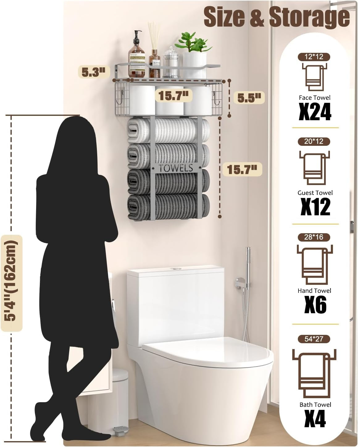 Towel Racks for Bathroom Wall Mounted - Bath Wall Towel Holder Set above Toilet Storage, Rolled Towel Shelf Organizer for Small Bathroom, Wood Vertical Towel Rack for Bathroom Wall Decor Grey