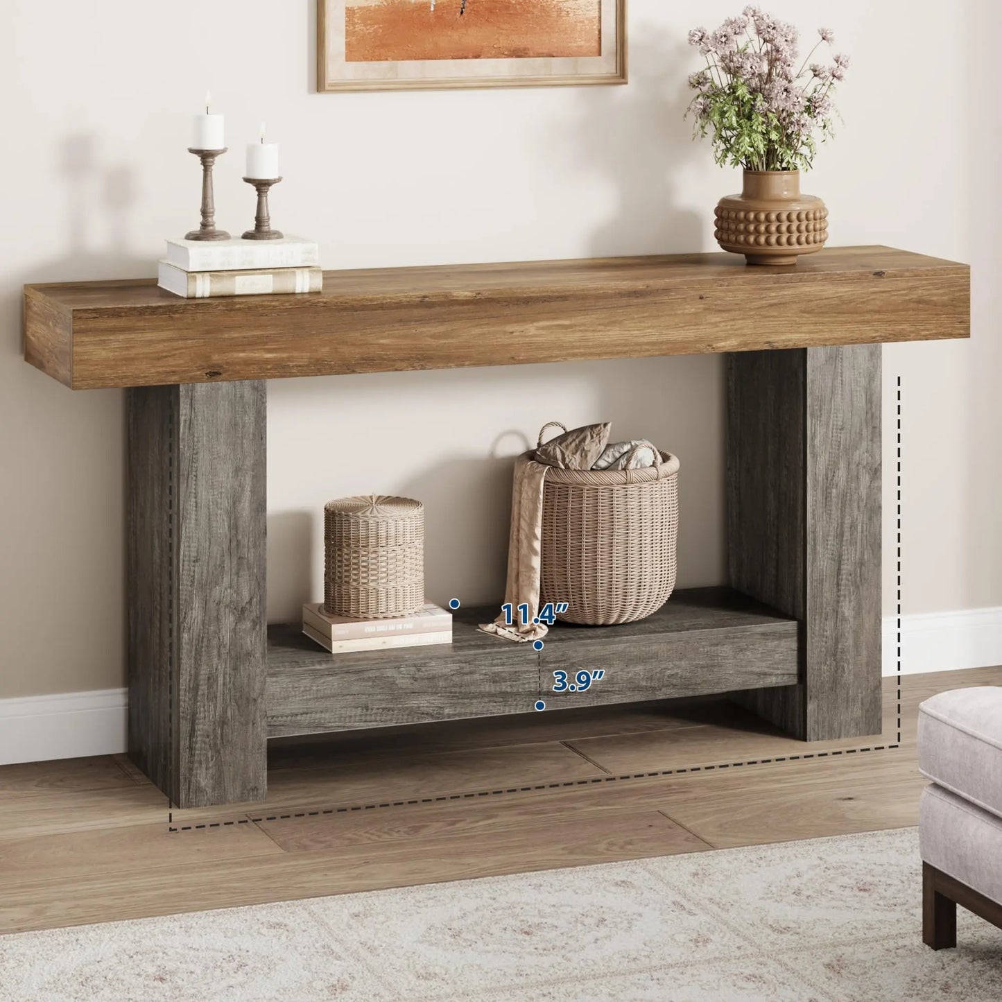 Entryway Console Table, Farmhouse 2-Tier Table with Open Storage, Long Sofa Accent Table for behind Couch, for Entrance Living Room Hallway Foyer (47 in / 63 in ),Dorm Essentials,Home Decor