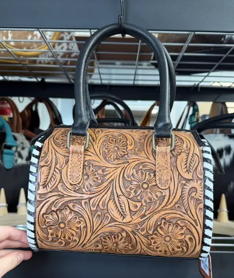 Genuine Hand Tooled Leather Speedy Bag- All over Brown Tooled with White Stitching