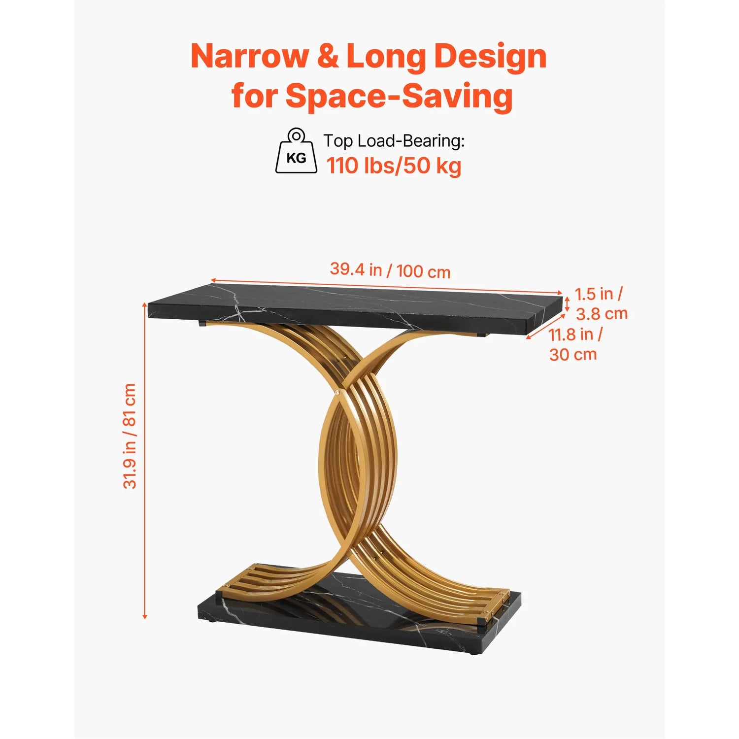 【Summerfinds】Vevor 39 in Gold Console Table, Modern Desk behind the Couch, Wood Rectangle Entrance Desk, Narrow Long Sofa Table Accent Stand with Metal Legs for Hallway, Bedroom, Living Room, Foyer, Easy Assembly